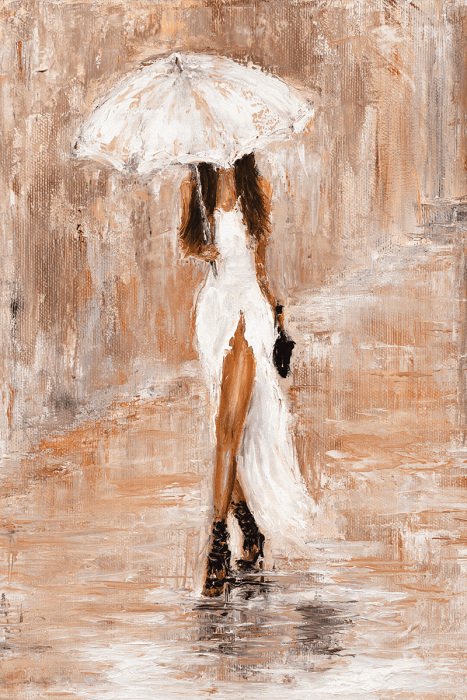 Canvas Een vrouw in een lichte jurk met een paraplu in haar hand