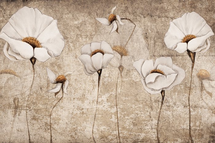 Canvas Delicate klaprozen in warme beige tinten