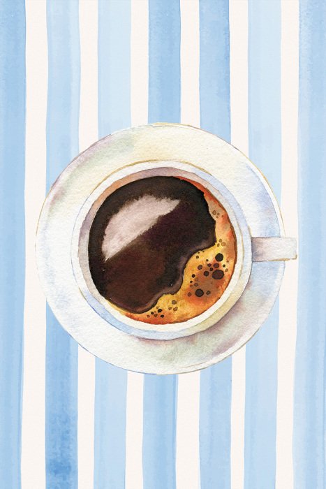 Canvas Een minimalistische kop zwarte koffie op een gestreepte achtergrond.