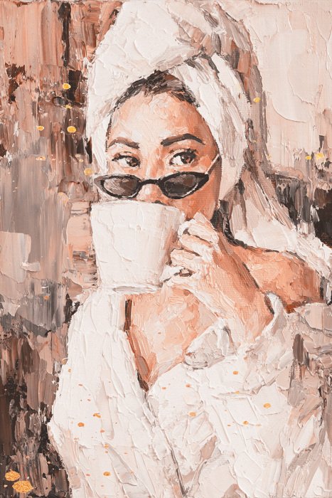 Canvas De ochtendmomenten van een vrouw na een bad met koffie