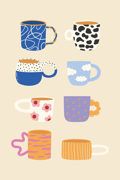 Canvas Prachtig versierde kleurrijke keramische mokken