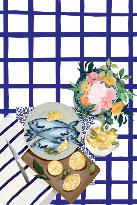 Canvas Een kleurrijk visarrangement met citroenschijfjes en bloemen