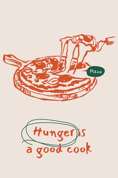 Poster Een minimalistische tekening van een pizza met draderige kaas