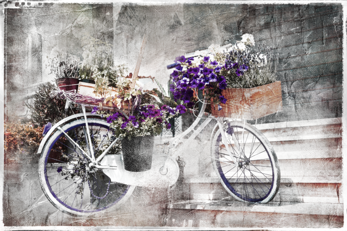 Poster Een klassieke fiets met een boeket paarse bloemen