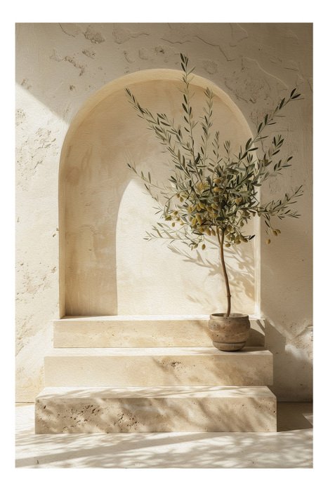 Poster Olijfboom in pot in een natuurlijke trapopstelling