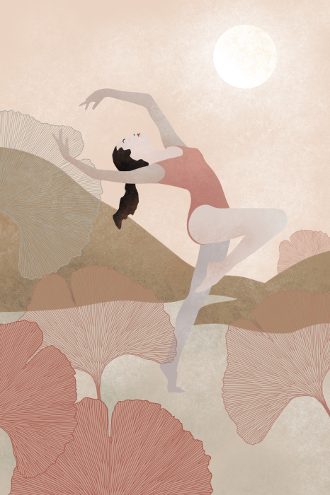 Poster Een delicate danseres tegen de achtergrond van bergen en de zon