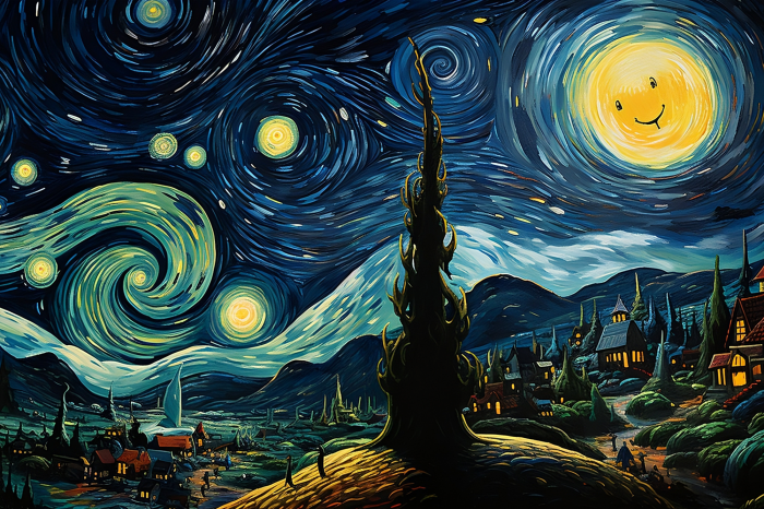 Poster Een sprookjesachtig stadje onder een wervelende hemel