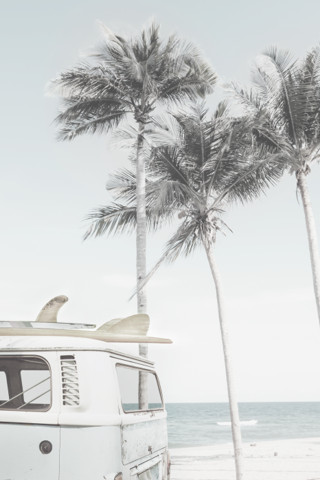 Poster Zomerlandschap met camper en palmbomen