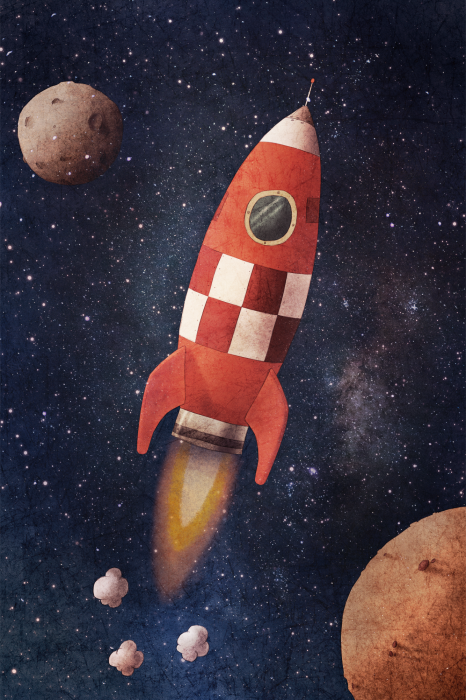 Poster Een ruimteschip in de ruimte met planeten