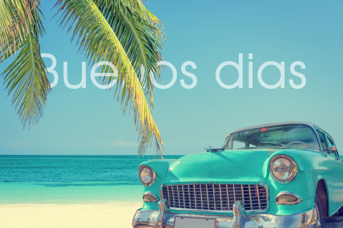 Poster Retro auto en Caribisch strand met palmboom