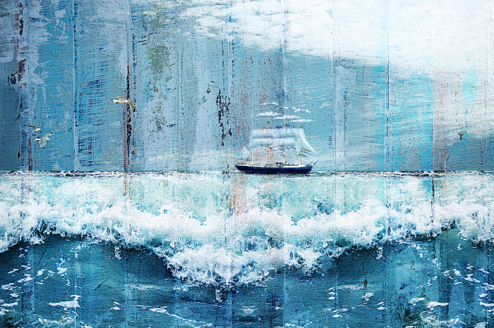 Poster Een geschilderde scène met een zeilschip op zee