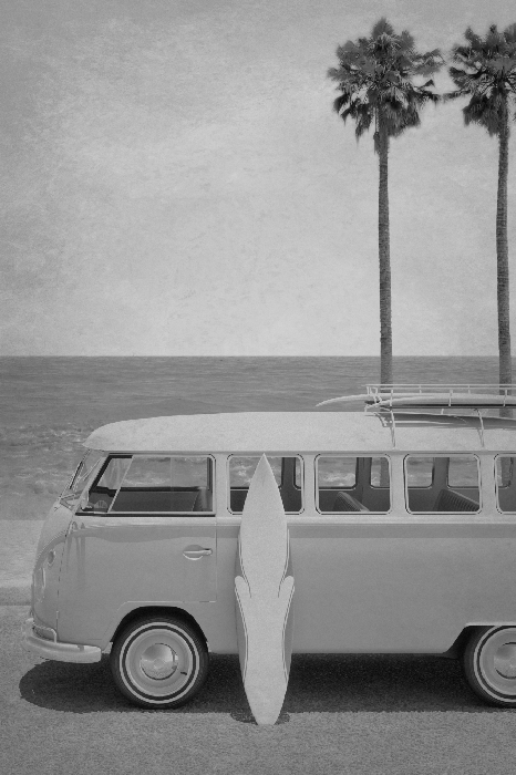 Poster Retro bus met planken aan het strand