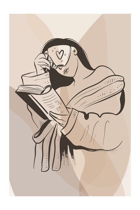 Poster Een vrouw leest met een aromatische koffie in haar hand