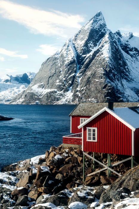 Poster Een historisch huis op een rotsachtige kust