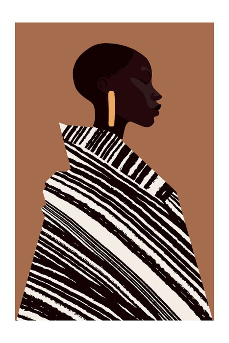 Poster Een modieuze vrouw draagt een gestreepte jas tegen een warme achtergrond