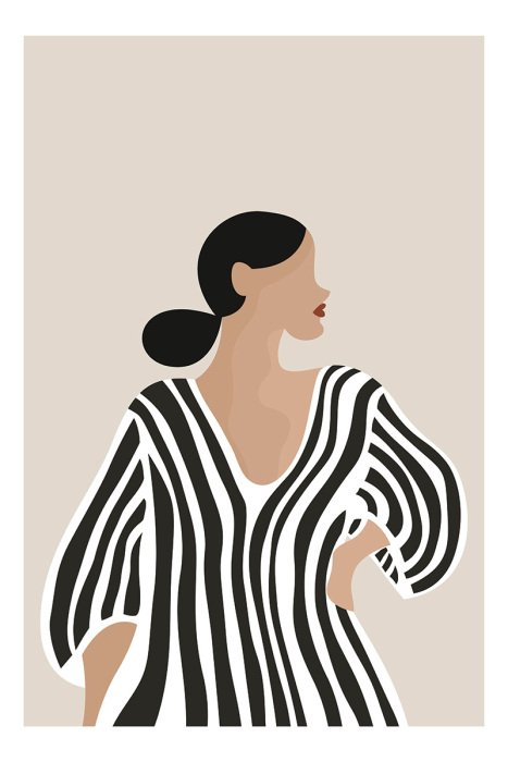 Poster Artistiek silhouet van een vrouw in een geometrisch gestreepte jurk