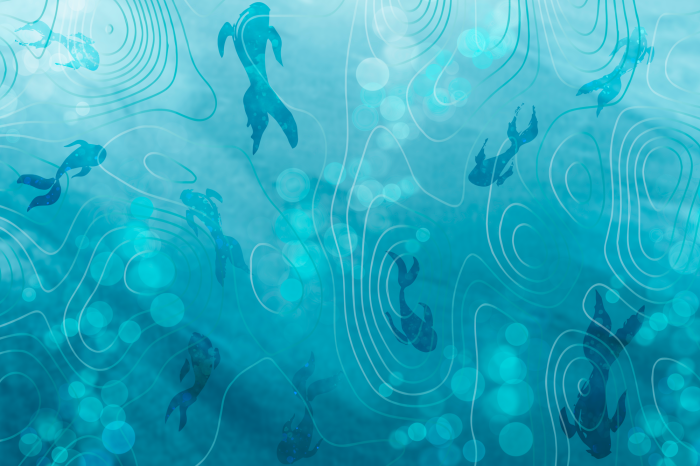 Poster Zwemmende vissen op een waterpatroon met lijnen