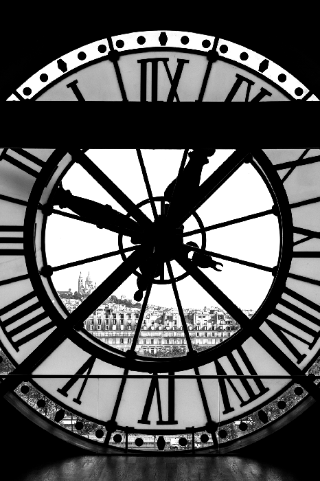 Poster Parijse gebouwen vastgelegd in een klok