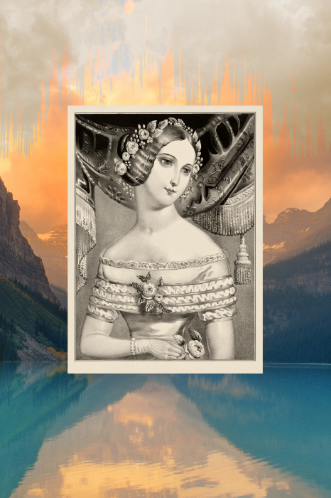 Poster Portret van een vrouw tegen de achtergrond van bergen bij zonsondergang