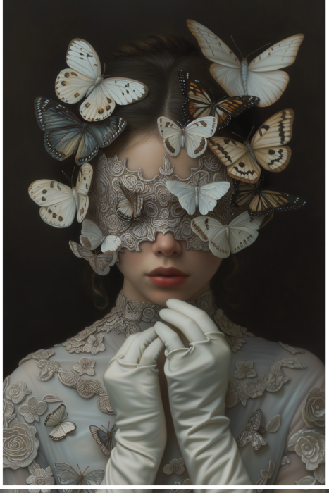 Poster Portret van een vrouw tussen witte en beige vlinders
