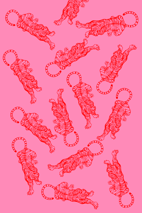 Poster Een herhalend patroon met rode tijgers op een roze achtergrond