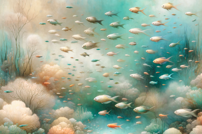 Poster Pastelkleurig koraalrif en vissen in de oceaan