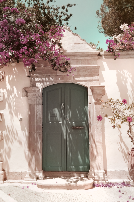 Poster Pastelkleurige deuren met bloeiende planten