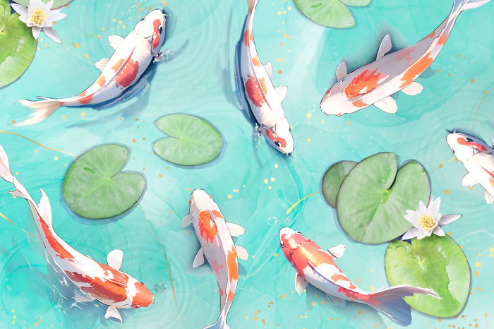 Poster Illustratie van koikarpers die in een heldere vijver zwemmen