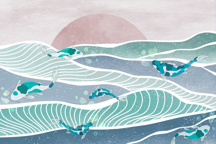 Poster Japans patroon met koikarpers en golven