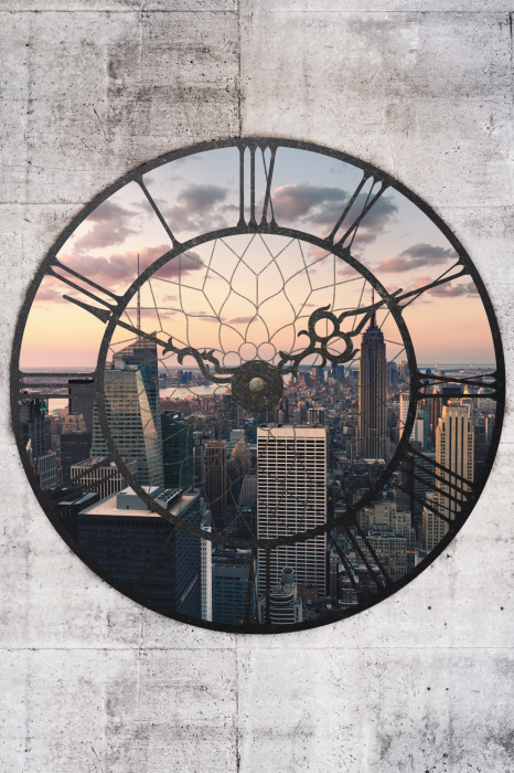 Poster De stad bij schemering, binnen het kader van de klok.