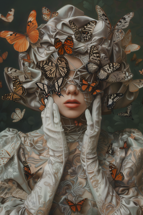 Poster Een vrouw tussen vlinders in een artistieke compositie