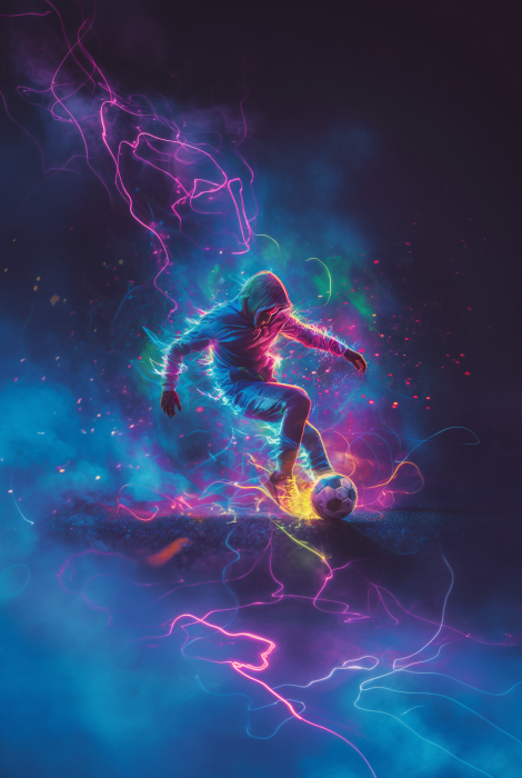 Poster Kleurrijk silhouet van een voetballer op een abstracte achtergrond