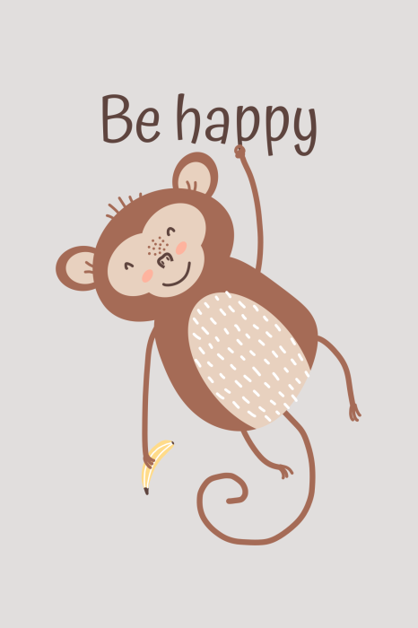 Poster Een klein bruin aapje dat een banaan vasthoudt met de tekst Wees blij