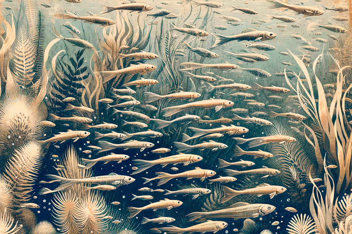 Poster Vissen zwemmen tussen onderwaterplanten