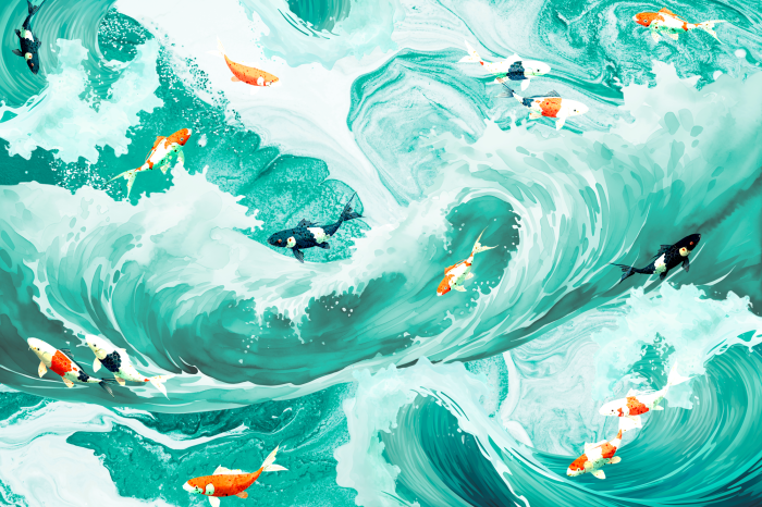 Poster Koikarpers zwemmen in turquoise water