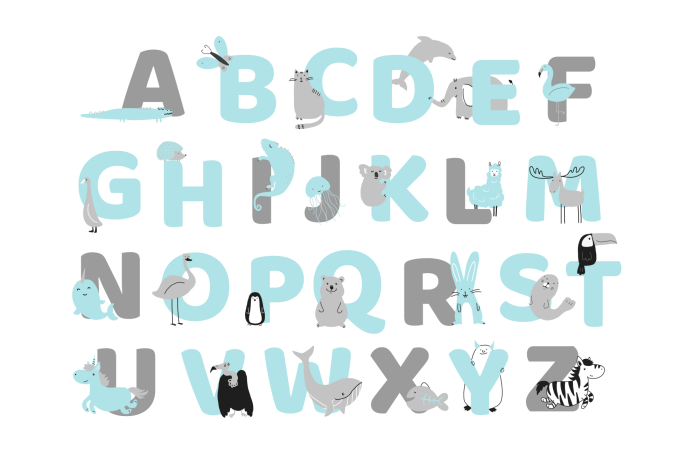 Poster Dieren tussen blauwe en grijze letters