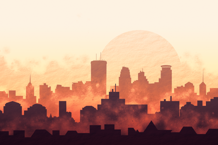 Poster Stedelijk landschap bij zonsondergang