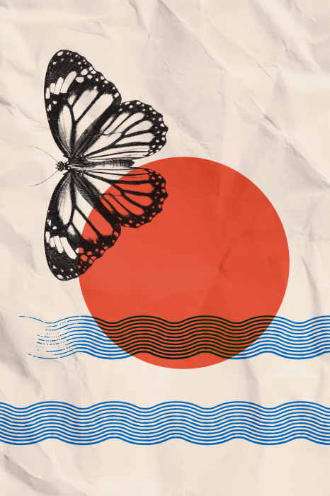 Poster Een zwarte vlinder op een achtergrond met golven en een rode zon.