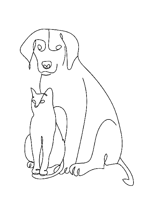 Poster Een minimalistische lijntekening van een hond en kat.