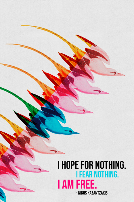Poster Een citaat van Nikos Kazantzakis met kleurrijke vogelsilhouetten