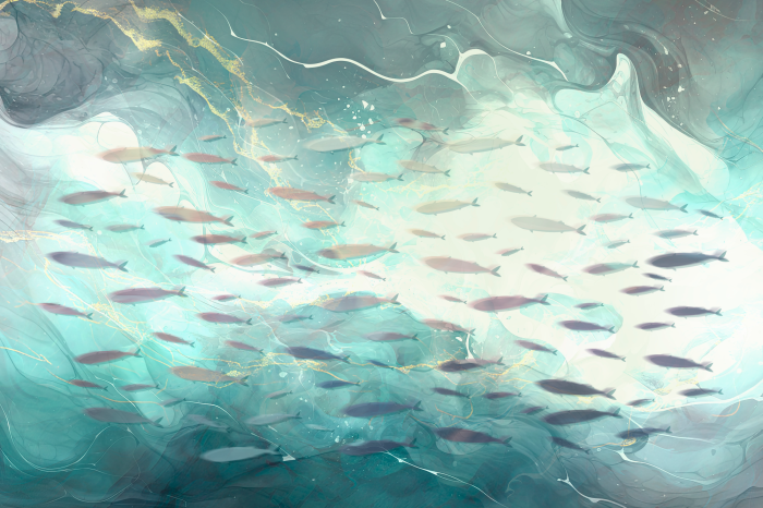 Poster Abstract marmerpatroon met een school vissen