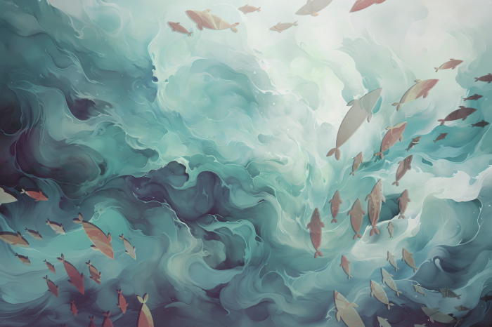 Poster Een schilderij van vissen in een kolkende oceaan