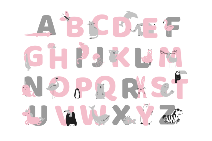Poster Dieren tussen roze en grijze letters
