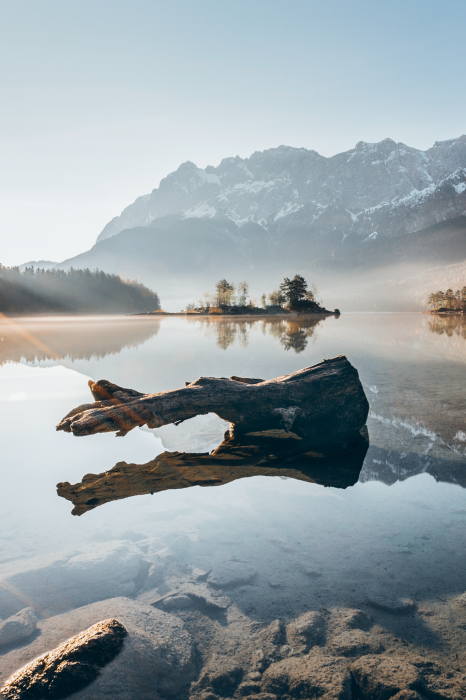 Poster Mist over het oppervlak van het ochtendberglandschap