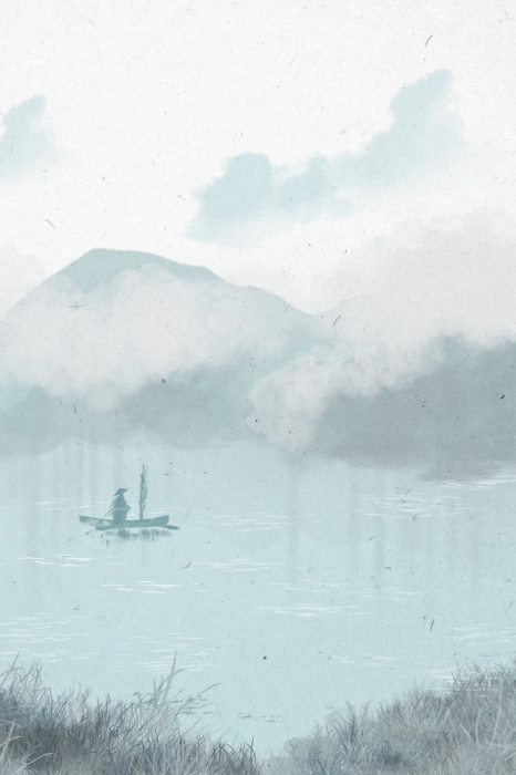 Poster Een delicate illustratie van een boot op een bergmeer