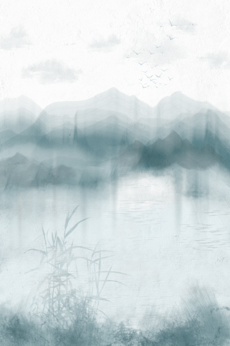 Poster Een subtiel landschap van bergen en blauw water