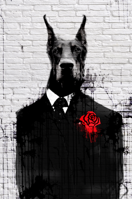 Poster Portret van een Dobermann in een zwart pak tegen een bakstenen achtergrond