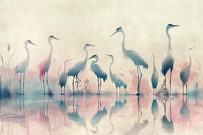 Poster Birds by the Lake - herons painted in watercolor in a delicate, gray-pink palette
