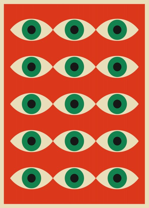 Poster Von Bauhaus inspirierte Abstraktion mit grünem Auge auf rotem Hintergrund