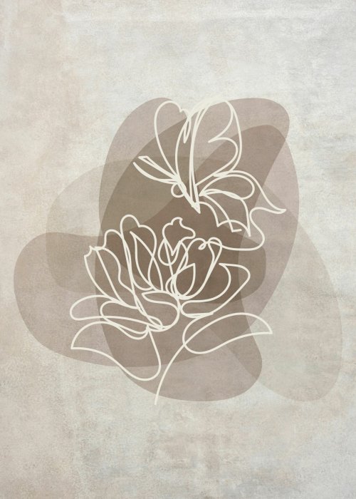 Poster Weiße Blumen im Lineart-Stil auf aquarelliertem beigem Hintergrund